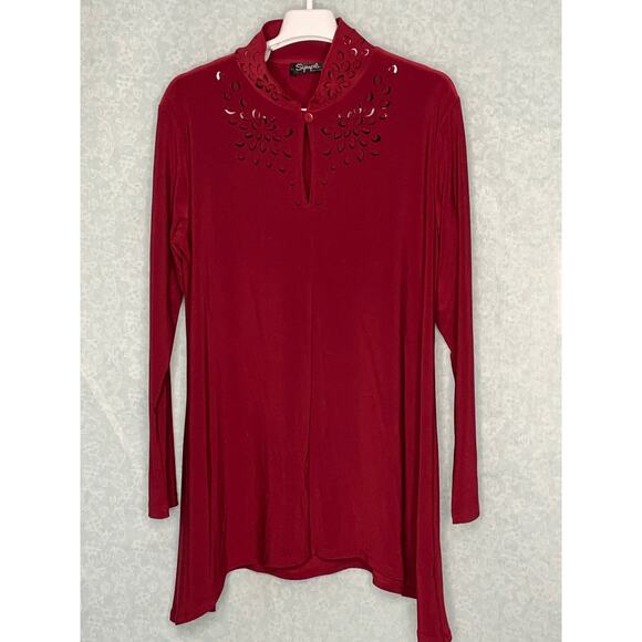 Sympli Burgundy Laser Cut Mock Neck Long Sleeve Pullover Tunic Size 12 - Picture 2 of 11